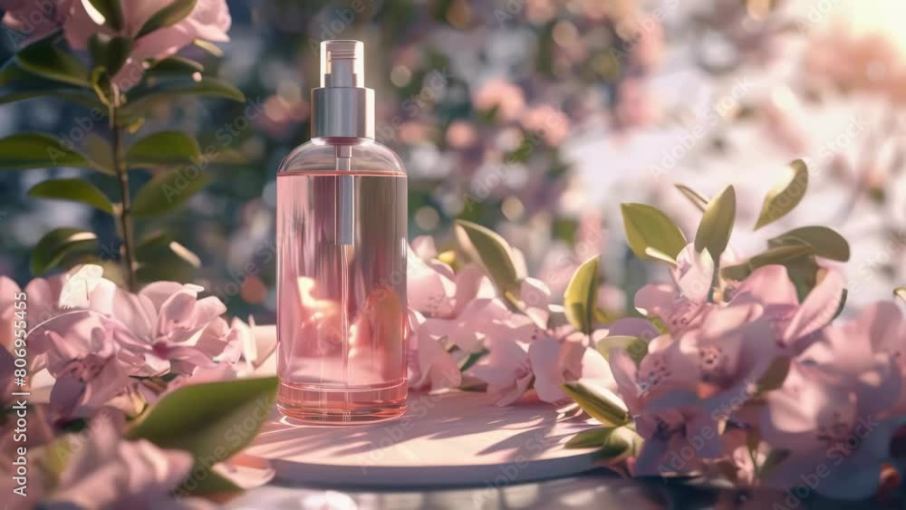 Poster a bottle of perfume is placed on a table next to a bunch of pink flowers. the bottle is clear and ha