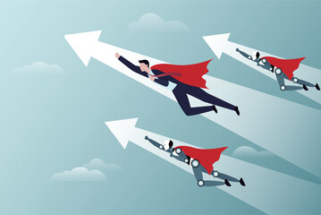 Super businessman and AI team. Flying in blue sky man leading robots in flowing capes and suits, brave strong professionals group together moving up, successful startup, teamwork process. © HONGWEI