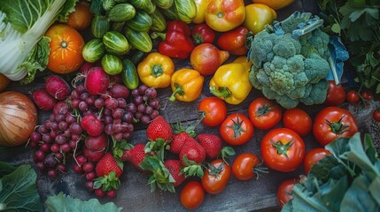 A variety of fruits and vegetables are displayed on a wooden table. The table is covered with a mix of red and green produce, including tomatoes, broccoli, and cucumbers. The arrangement of the fruits
