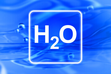 H2O logo. Blue water. Background with liquid. Chemical formula of aqua. H2O formula. Hydrogen sign near water with bubbles. H2O logotype. Water flows close-up. Aqua wallpaper. 3d image