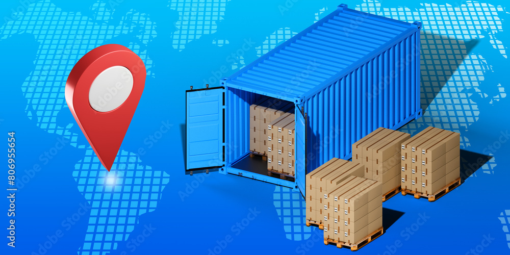 Poster sea container with boxes. international logistics. cargo container near world map. global logistics.