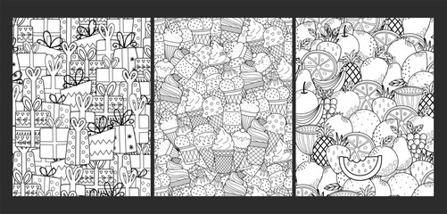 Doodle coloring pages bundle. Hand drawn templates set for coloring book in US Letter format with ice cream, fruits and gifts. Vector illustration