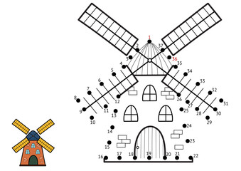 Dot to dot game for kids. Connect the dots and draw a windmill. Farm puzzle activity page. Vector illustration