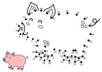 Dot to dot game for kids. Connect the dots and draw a cute pig. Farm animal puzzle activity page. Vector illustration