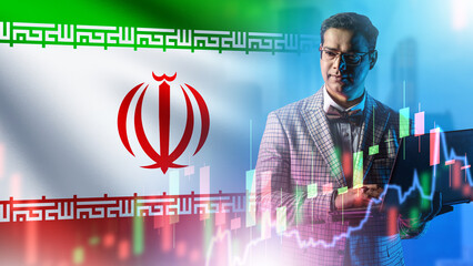 Iranian investor. Man trader near iran flag. Businessman with laptop. Investor buys shares. Man in business suit. Iranian economic growth chart. Investments in iranian stock market.
