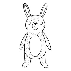 Cute black and white rabbit in standing position. Forest character in outline for kids design and coloring page. Woodland animal isolated. Vector illustration