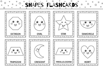 Shapes flashcards black and white collection for kids. Flash cards set in outline with cute geometric characters for school and preschool. Octagon, semicircle, oval and more. Vector illustration