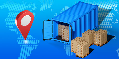 Sea container with boxes. International logistics. Cargo container near world map. Global logistics. Pallets with boxes near open container. Transportation of goods and cargo. 3d image