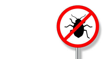Stop ticks sign. Silhouette of flea is crossed out in red. Stop ticks symbol on white. Concept of combating blood-sucking insects and ticks. Copy space. Road sign with crossed out bug. 3d image