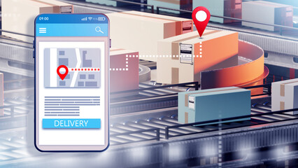 Delivery tracking. Phone near warehouse conveyor. Mobile application for courier service. Delivery tracking website. Logistics technologies. Search for location of parcel. Fulfillment tech. 3d image
