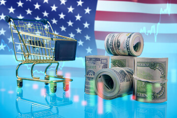 US economy. Money near supermarket trolley. Chart shows rising inflation. Income growth graph. Dollars near US flag. Financial system of united states. Inflation in America. Trading, investment