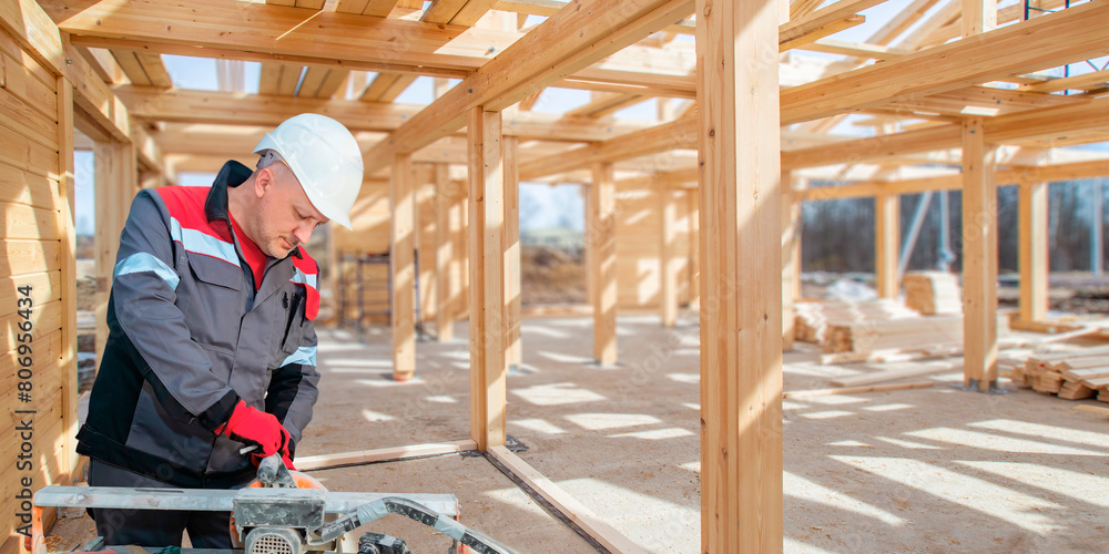 Aufkleber man builder. engineer works at construction site. builder in gray uniform. foreman inside unfinished