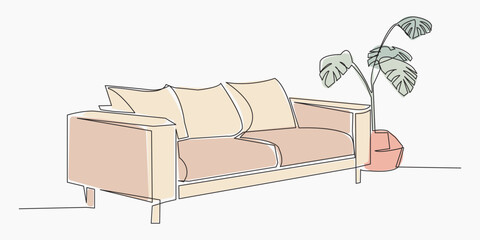 Continuous one line drawing of sofa and with potted plant. Single line. Vector illustration