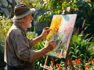 An older man joyfully paints a vibrant picture in his garden, highlighting the fulfillment seniors find in creative activities during retirement, symbolizing the happiness in leisurely pursuits.