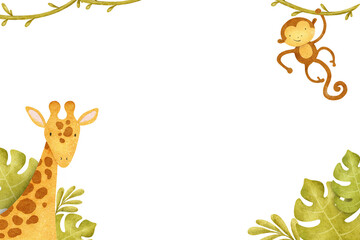 Frame Of Cute baby giraffe, monkey and tropical leaves. Funny kid's isolated hand drawn watercolor background. A design for children's invitation cards, baby shower, decoration of kid's rooms