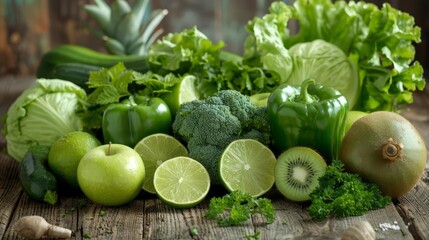 assortment of fresh green fruits and vegetables on rustic wooden table