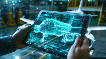 Hands holding a tablet showcasing a holographic blueprint of an airplane in a workshop setting.