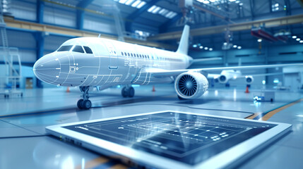 A detailed futuristic concept of a commercial airplane with a blueprint overlay inside a hangar, with visible digital tablet.