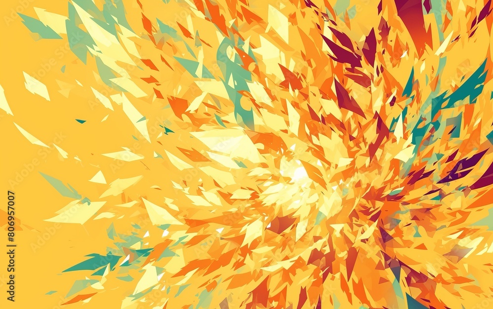 Poster a vivid abstract image of a fiery explosion or vortex. yellow background.