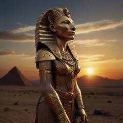 A digital painting of the Egyptian goddess Sekhmet, depicted as a woman with the head of a lioness, wearing a golden headdress and armor, standing in front of the pyramids at sunset - obrazy, fototapety, plakaty