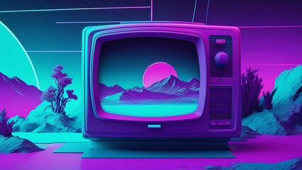 Retro 80s background, desert mountains on TV screen, stylized illustration