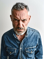 Obraz premium A man with a beard and gray hair is wearing a blue shirt