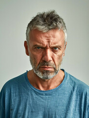 Obraz premium A man with a beard and gray hair is wearing a blue shirt