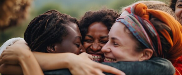 a group of happy hugging diverse fridends. A concept that emphasizes community humanities, friendship, and love. generative AI