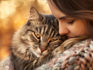 Woman cuddling with cat