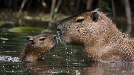 capybara connection adult and young capybara interacting puerto maldonado peru 8k
