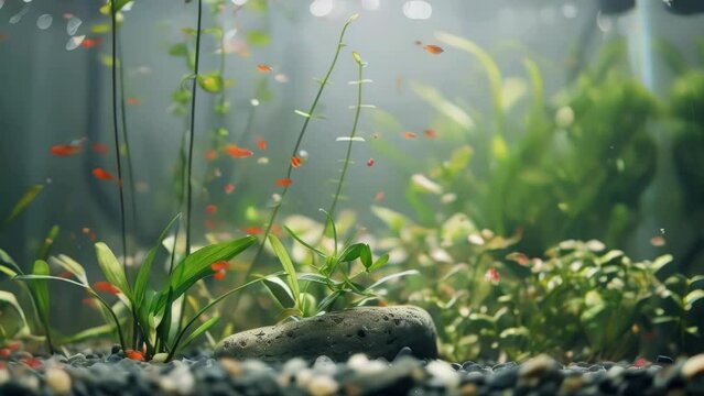 A group of red fish swimming in a tank with green plants