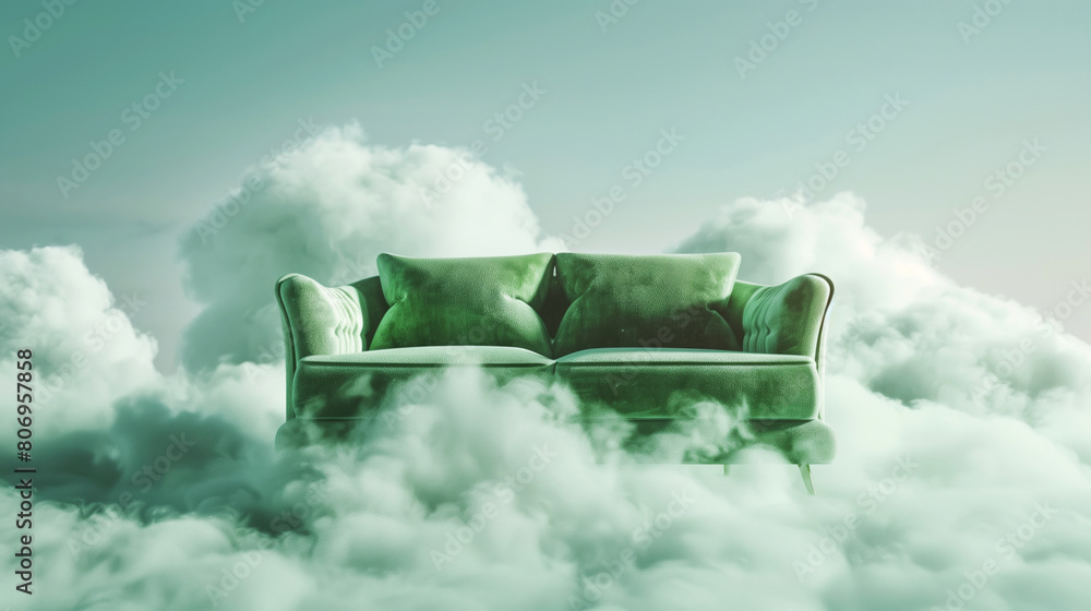 Poster Elegant green velvet sofa floating in a serene cloudscape under a soft blue sky, creating a dreamy ambiance.