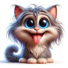 Naklejka premium a photorealistic whimsical cartoon Cat with a mischievous grin. The Cat has blue eyes and long fur