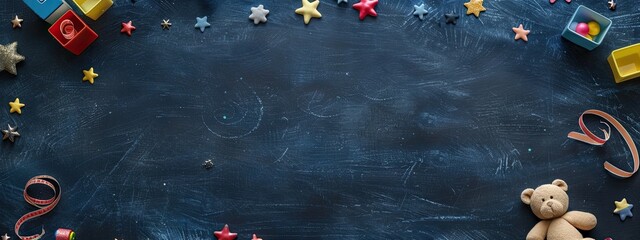 Dark Blue Chalkboard with Scattered Toys and Decorations