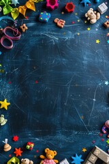 Dark Blue Chalkboard with Scattered Toys and Decorations - obrazy, fototapety, plakaty