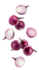 Falling red onion isolated on white background, full depth of field