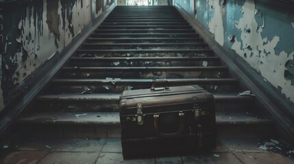 A lonely suitcase sits at the bottom of a grand staircase. The suitcase is old and battered, and the stairs are worn and dusty.