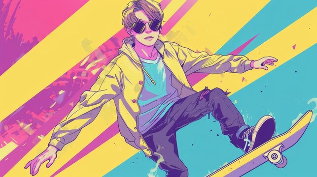cool anime guy character famous for skateboarding manga style illustration