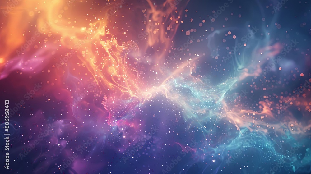 Poster abstract composition with transparent layers and celestial hues, featuring a circular object, a squa