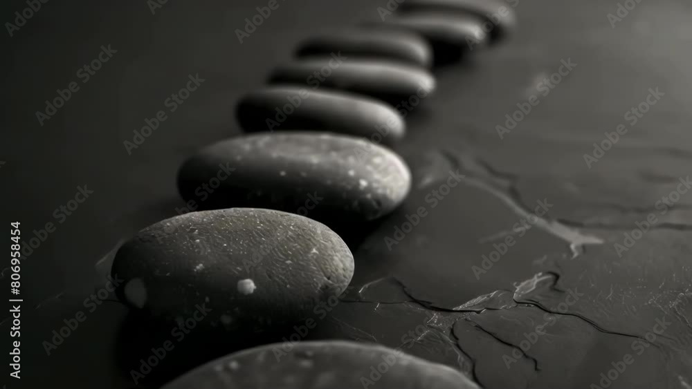Poster a row of black stones on a dark surface. the stones are arranged in a line, with some of them overla