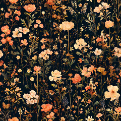Delicate floral hues and lively foliage, in peachy coral and lush forest green hues on dark background. Watercolor style. Wrapping Paper, Creative Projects, Textile Design, Stationery Background