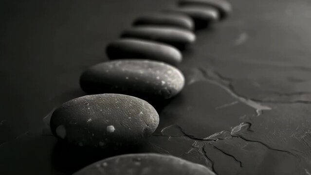 A row of black stones on a dark surface. The stones are arranged in a line, with some of them overlapping each other. Concept of calm and tranquility, as the stones seem to be arranged in a peaceful