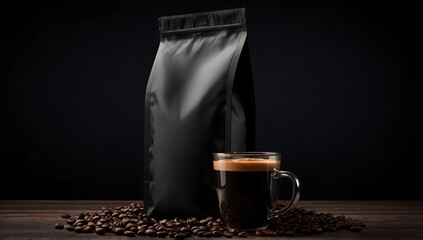 Black paper coffee bag packaging mockup with spilled coffee beans on a coffee table, suitable for branding, mockup for marketing, mockup for packaging. isolated on black background.