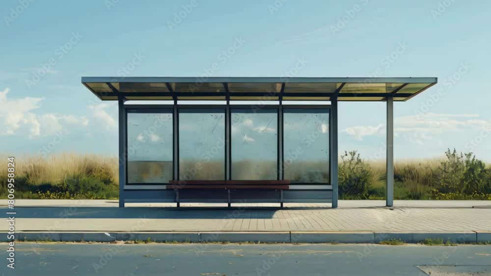 Aufkleber a bus stop with a bench and a canopy. the sky is blue and there are no clouds