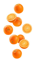 Falling orange isolated on white background, full depth of field
