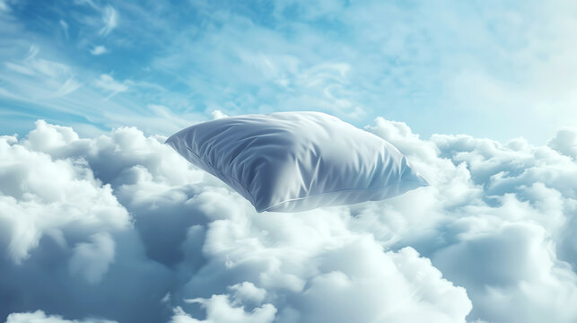 A serene image of a white pillow floating gently above fluffy clouds under a clear blue sky.