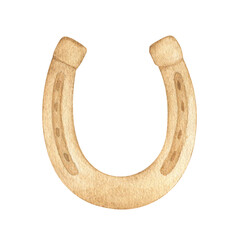 Watercolor illustration of golden horseshoe for horse. Isolated, equipment for horse riding. Isolated. For cards, prints, decor