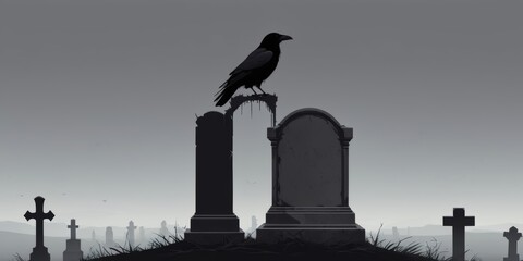 a lone raven perched on a tombstone in a forgotten graveyard