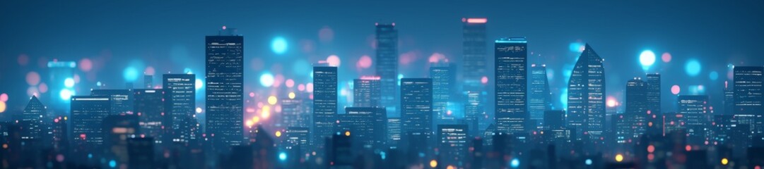 Panoramic skyline of a night city with bright lights. Digital art in futuristic and cyberpunk style. Energetic urban concept. Perfect for technological and urban themes. Wide, dynamic view of the city