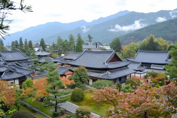 Fototapeta premium Traditional Korean architecture blends with vibrant fall foliage under a soft overcast sky.